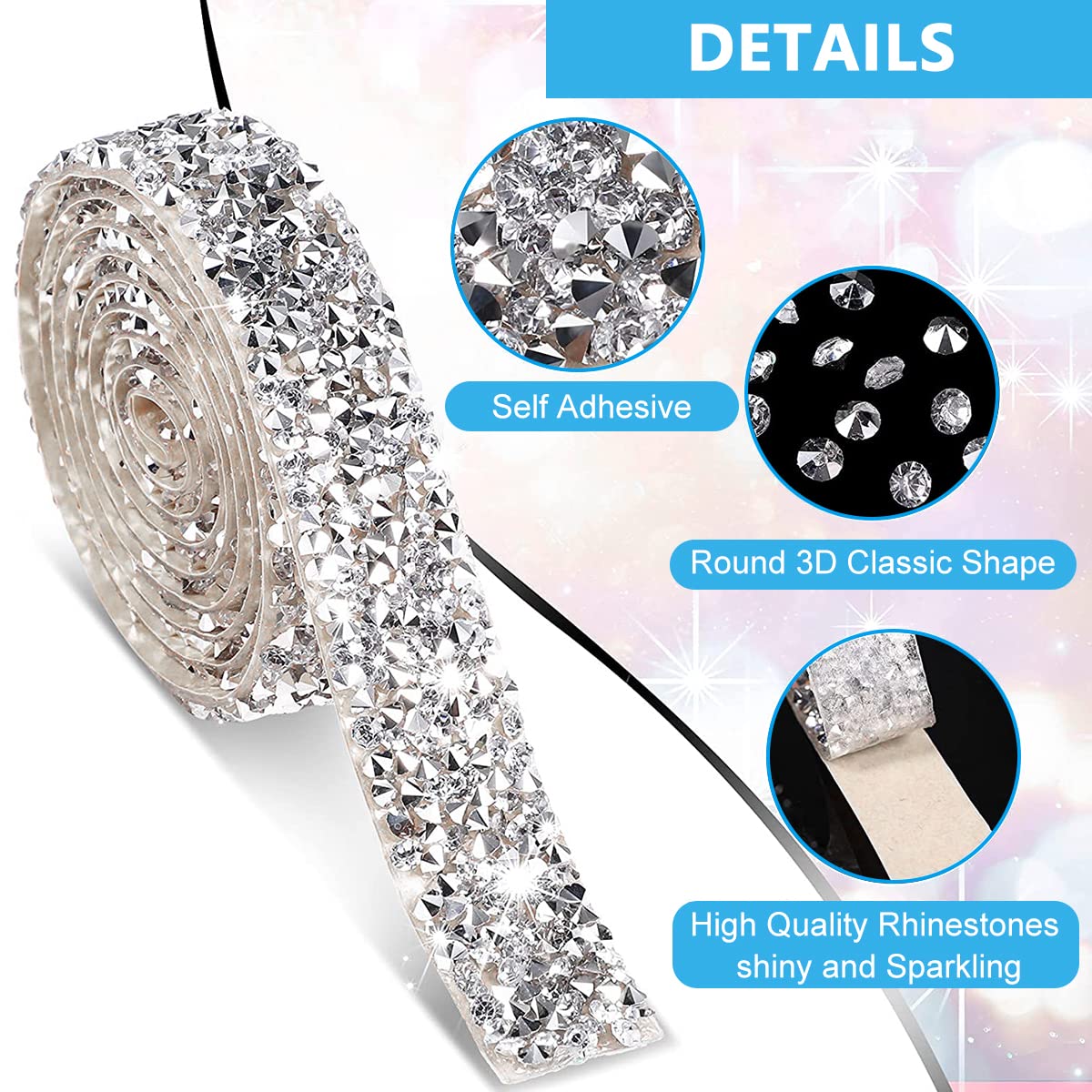 MAYCREATE Self Adhesive Rhinestone Strips for DIY Crafts with 4 Rolls 10mm x 1 Yard Silver | Wall Decoration