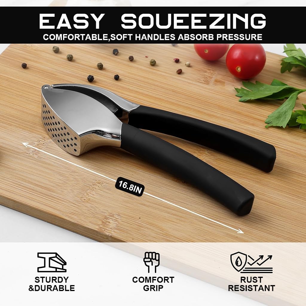 Supvox Garlic Press Set for Kitchen with 3 Pcs Tools featuring Anti Slip Handle & Stainless Steel | Includes Peeler and Cleaning Brush