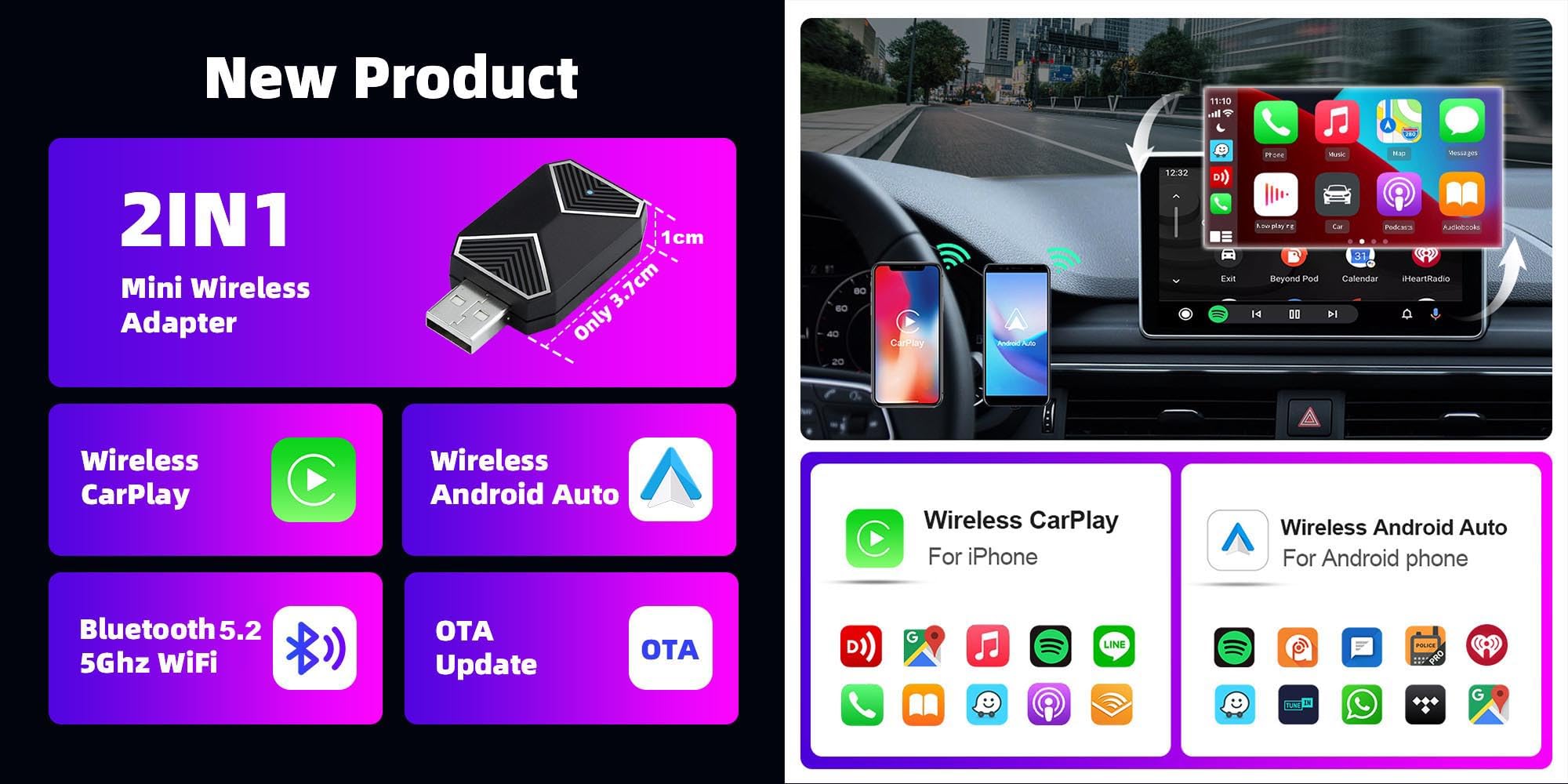 Zitronix Wireless CarPlay Adapter for Android Auto with Bluetooth 5.2 and Plug and Go Setup
