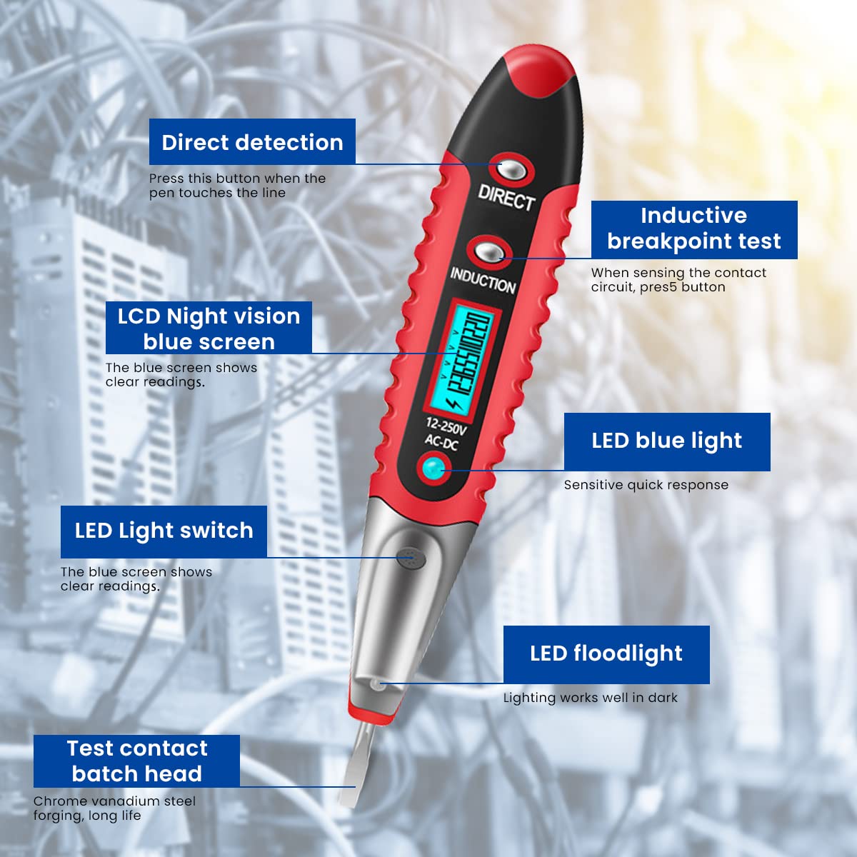 Serplex Voltage Tester Pen for Electrical Continuity and AC/DC 12–250V Detection | LCD Display with NCV and LED Light