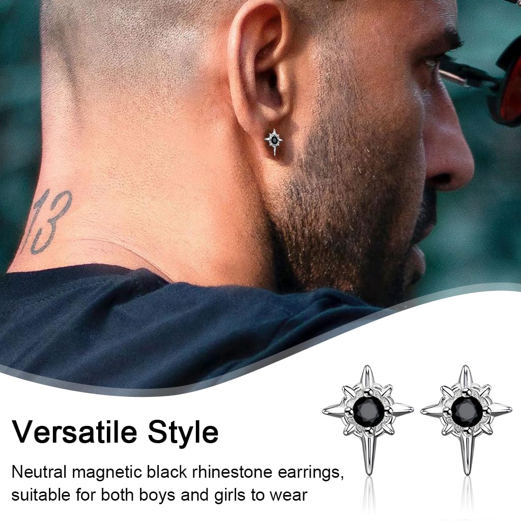 SANNIDHI Clip On Earrings for Non Pierced Ears with Magnetic Studs and Black Rhinestones | Unisex Punk Star Design