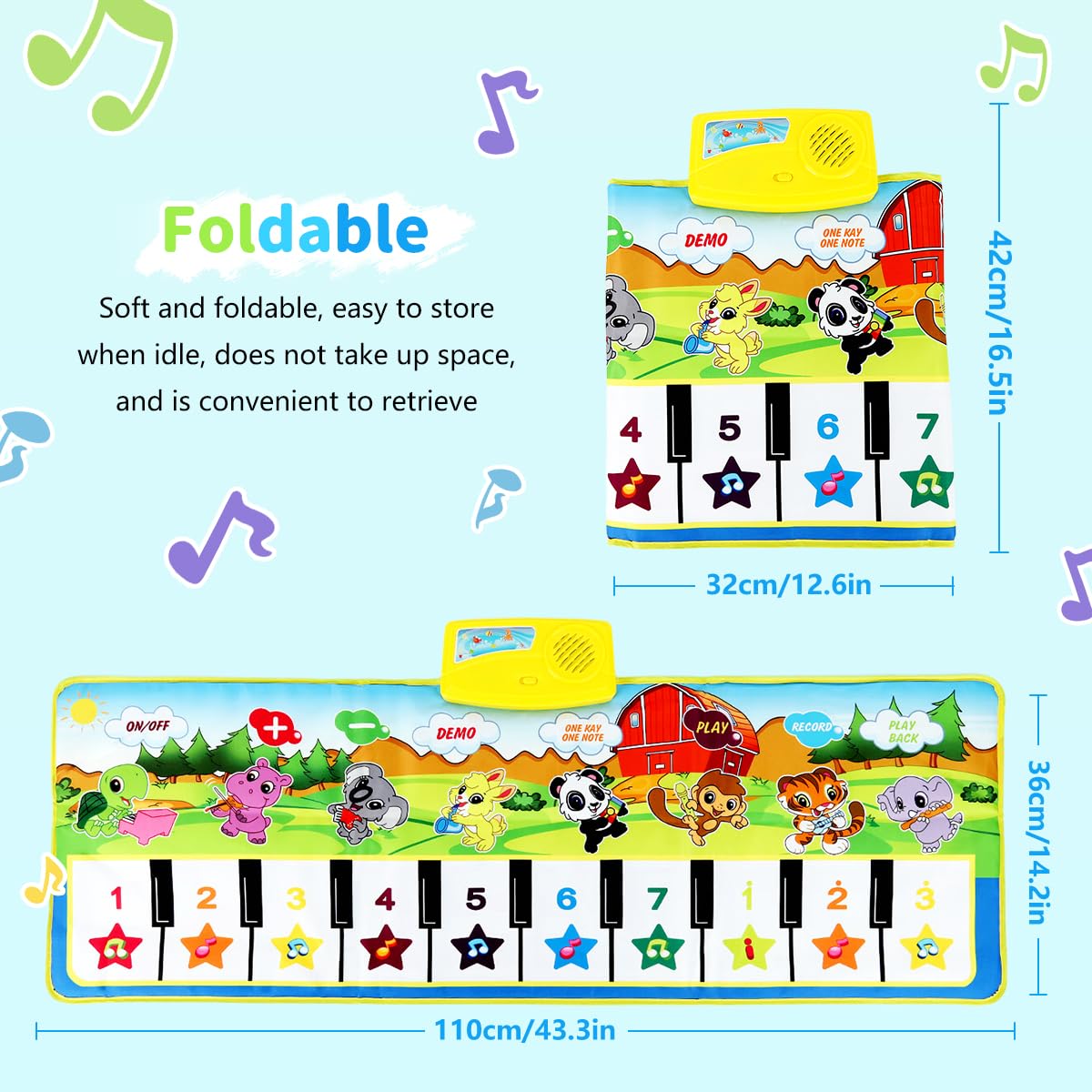 PATPAT Kids Piano Keyboard Musical Mat for Toddlers with 8 Instrument Modes 100×36cm | Foldable Non Toxic Fabric Play Toy
