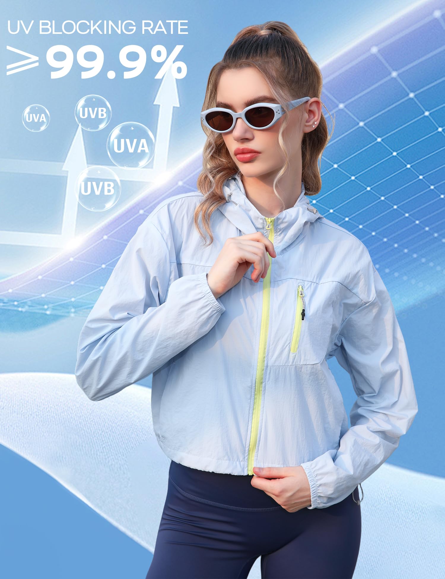 Zibuyu Womens UPF 50 Sun Protection Jacket for Outdoor Sports with Back Air Vent | Quick Dry Lightweight Nylon Hoodie in Light Blue
