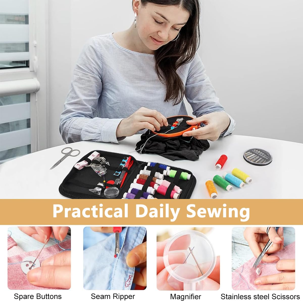 ELEPHANTBOAT Sewing Kit for Home and Travel with 86 pcs Set featuring 18 Thread Spools and Storage Bag