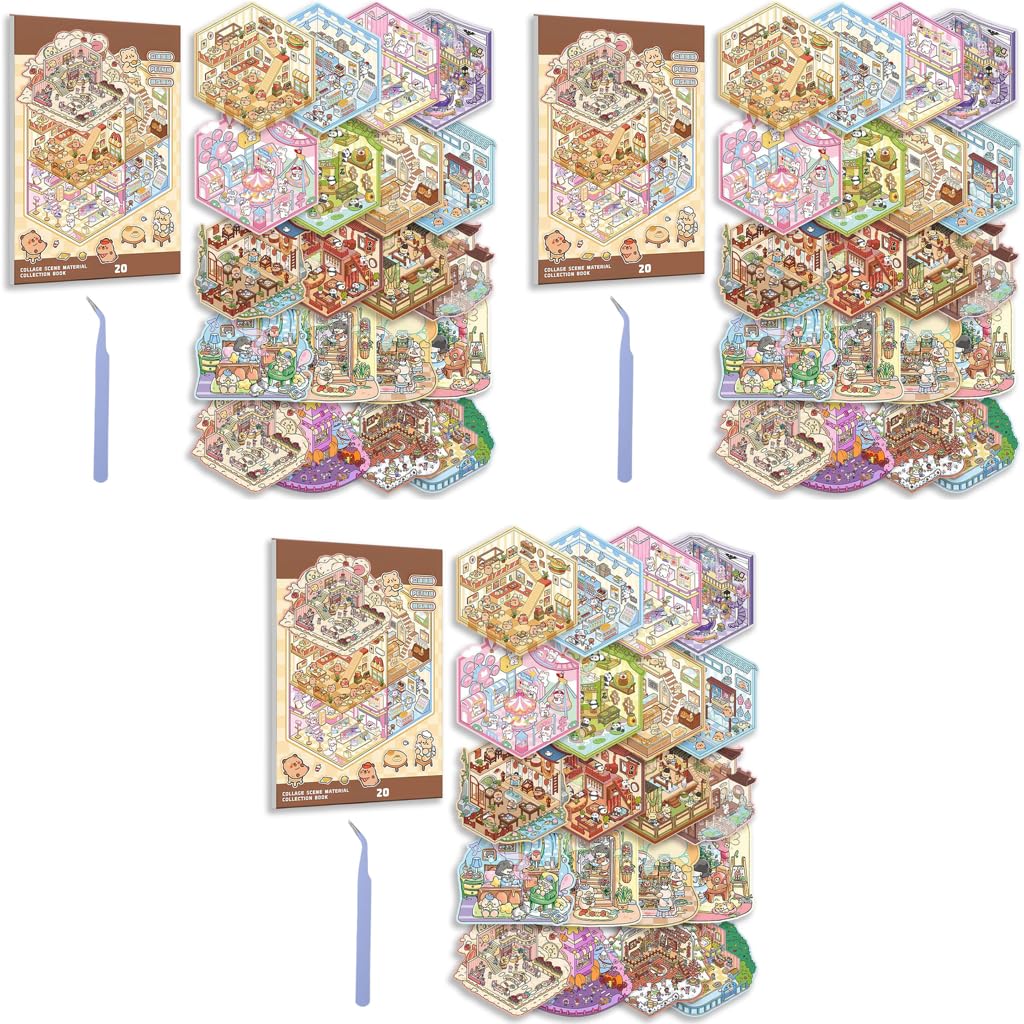 HASTHIP® 60PCS DIY 3D House Stickers with Tweezer Cute Set Scene Korean Fun Stacking Miniature Learning Toy for Parties Solo or Group Play