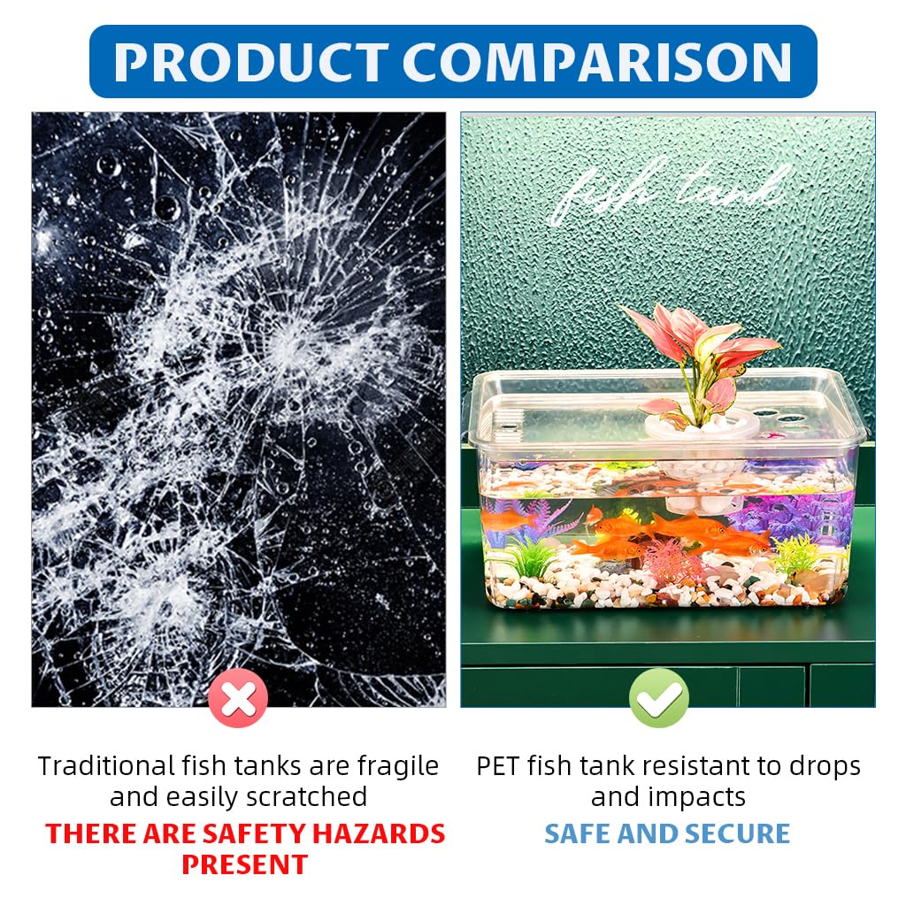 Qpets Desk Small Fish Tank for Home Office with 35x24cm Design and Air Ventilation Lid | Clear PP Betta Aquarium featuring Built in Hydroponic Basket