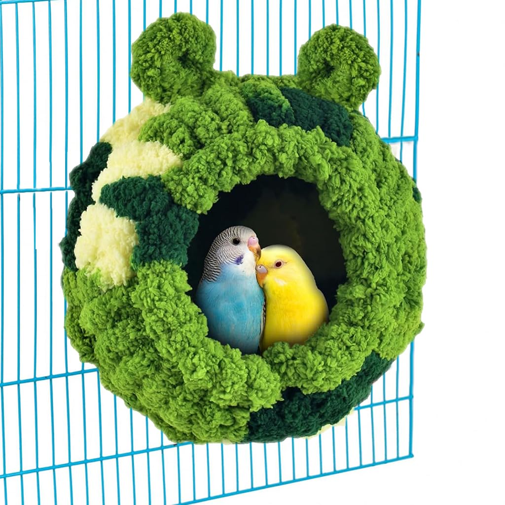 Qpets® Parrots Nest for Cage, Cute Green Plush Warm Birds Nest Winter Birds Nest Screw Mounting Birds Winter Soft Plush Parrots Nest for Cage Washable Birds Nest for Parrots, Cockatoo, (21x19x21CM)