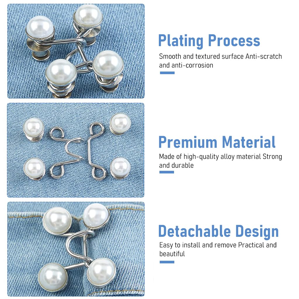 Venzina® 4 Pairs Jeans Button Pants Adjustable Waist Buckle, Instant Buttons for Loose Jeans, No Sewing Pant Waist Tightener Pins - Pearl & Crystal Style