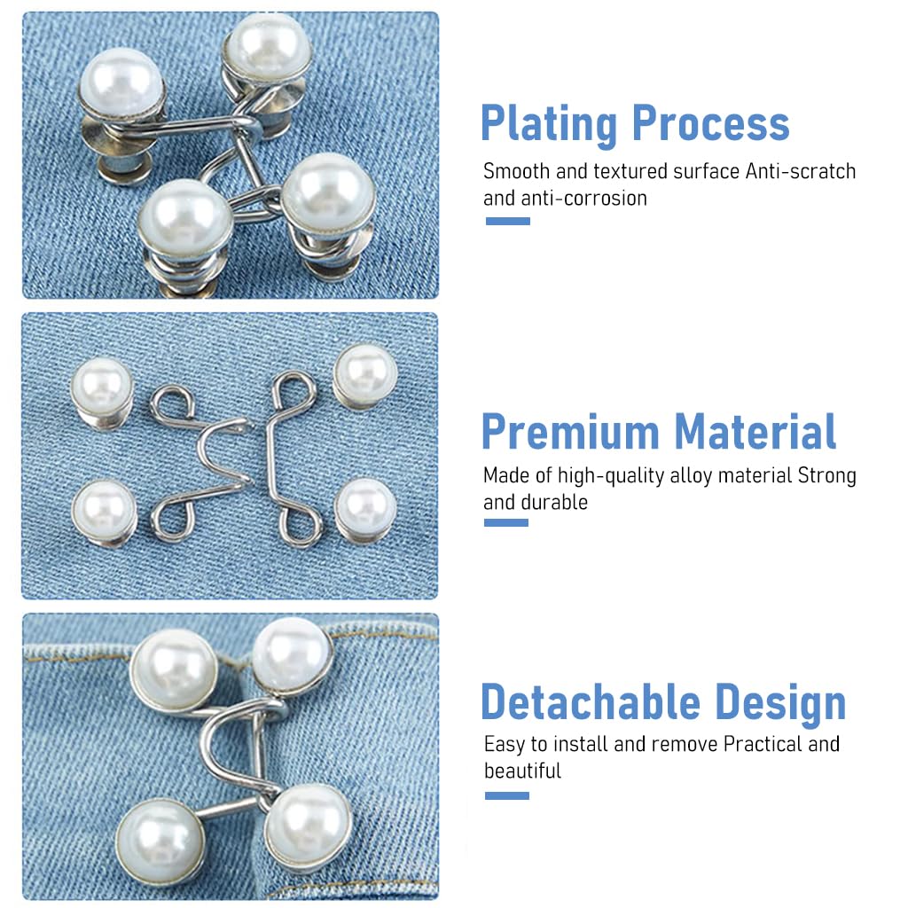 Venzina Jeans Button Pants Adjustable Waist Buckle for Loose Jeans with Pearl & Crystal Style | 4 Pairs No Sewing Metal Pins