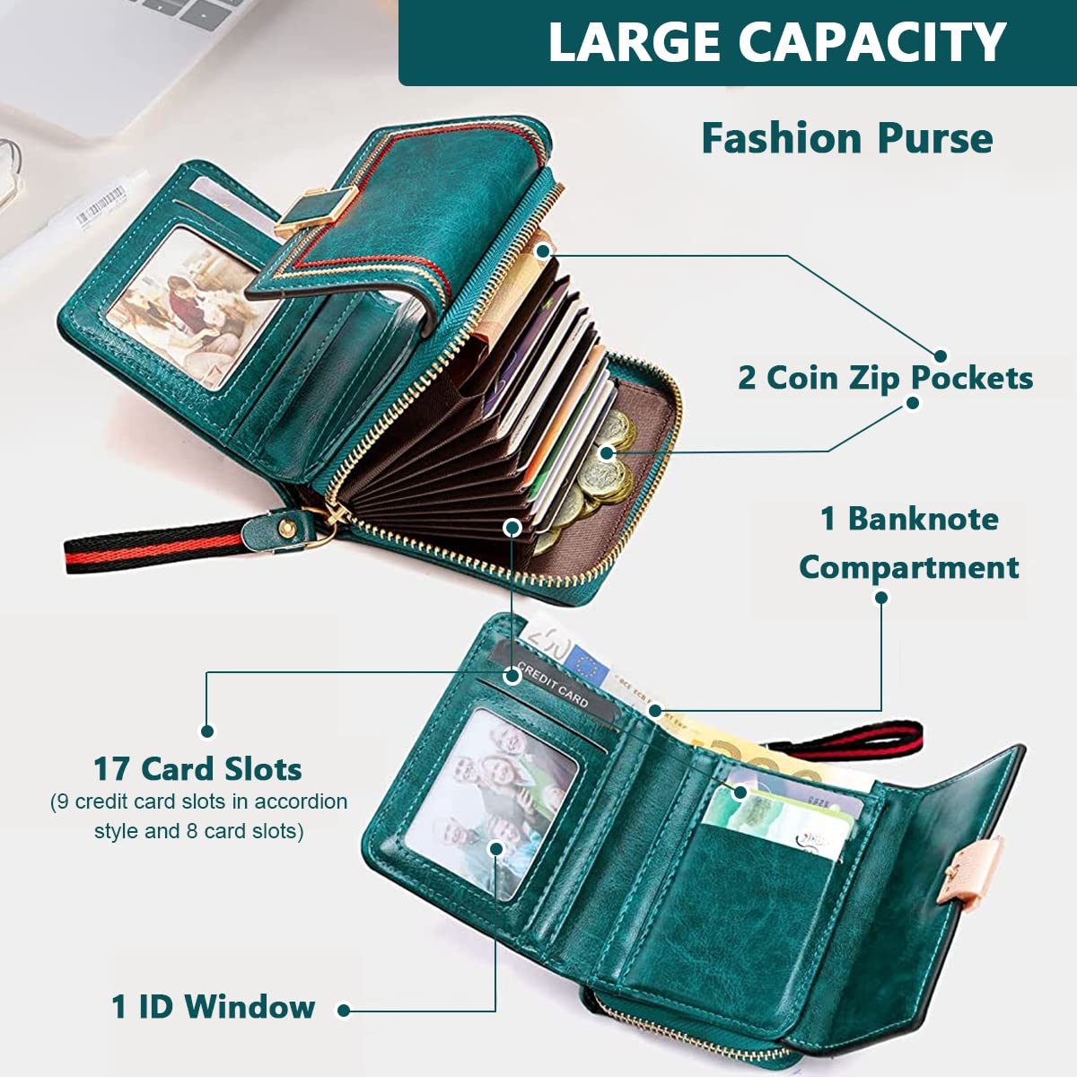 PALAY® Women Wallet Bi-fold Leather Wallet for Women Turquoise Vintage Women Wallet Card Bag Large Capacity Safe Wallet with RFID Blocking Wallet