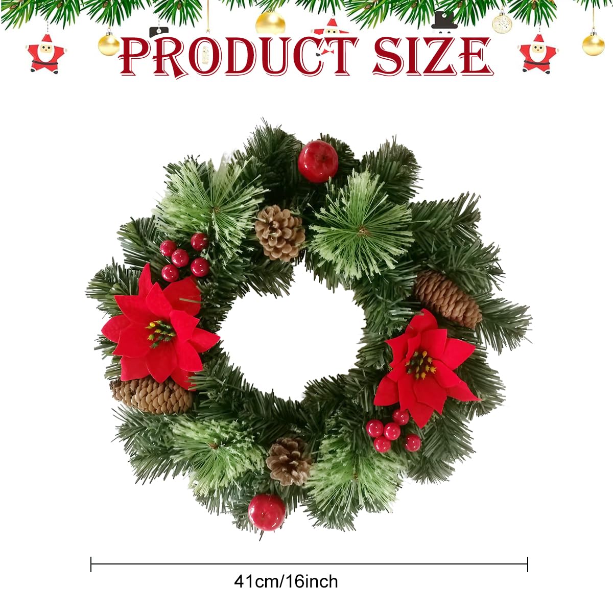 HASTHIP Christmas Wreath for Front Door with Red Poinsettia Pine Cones and Berries 16 in