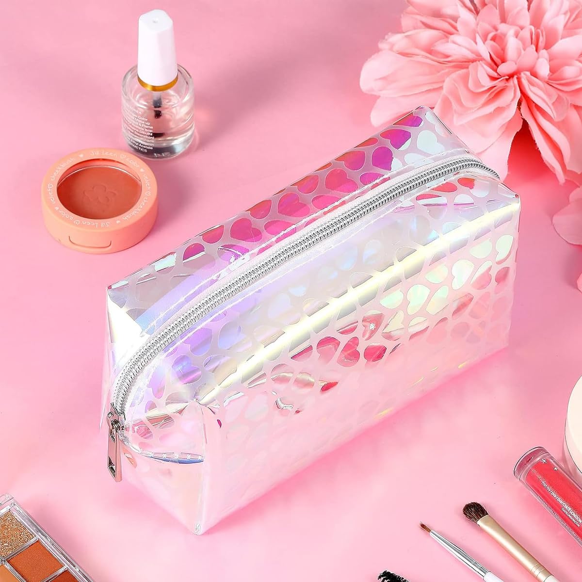 MAYCREATE Makeup Pouch Organizer for Travel with 16×8.5×9cm Capacity featuring Semi‑Transparent TPU & Holographic Heart Print | Cosmetic Bag for Women and Girls