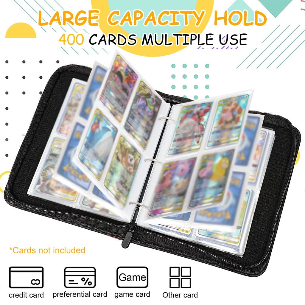 PATPAT® Poke-mon Binder, Cards Collector Album Holder for 400 Poke-mon Cards Cartoon Prints Zipper Bag Trading Card Binder Poke-mon Cards Collection Bag Game Cards Case Gift for Kids Boys Girls-Yellow