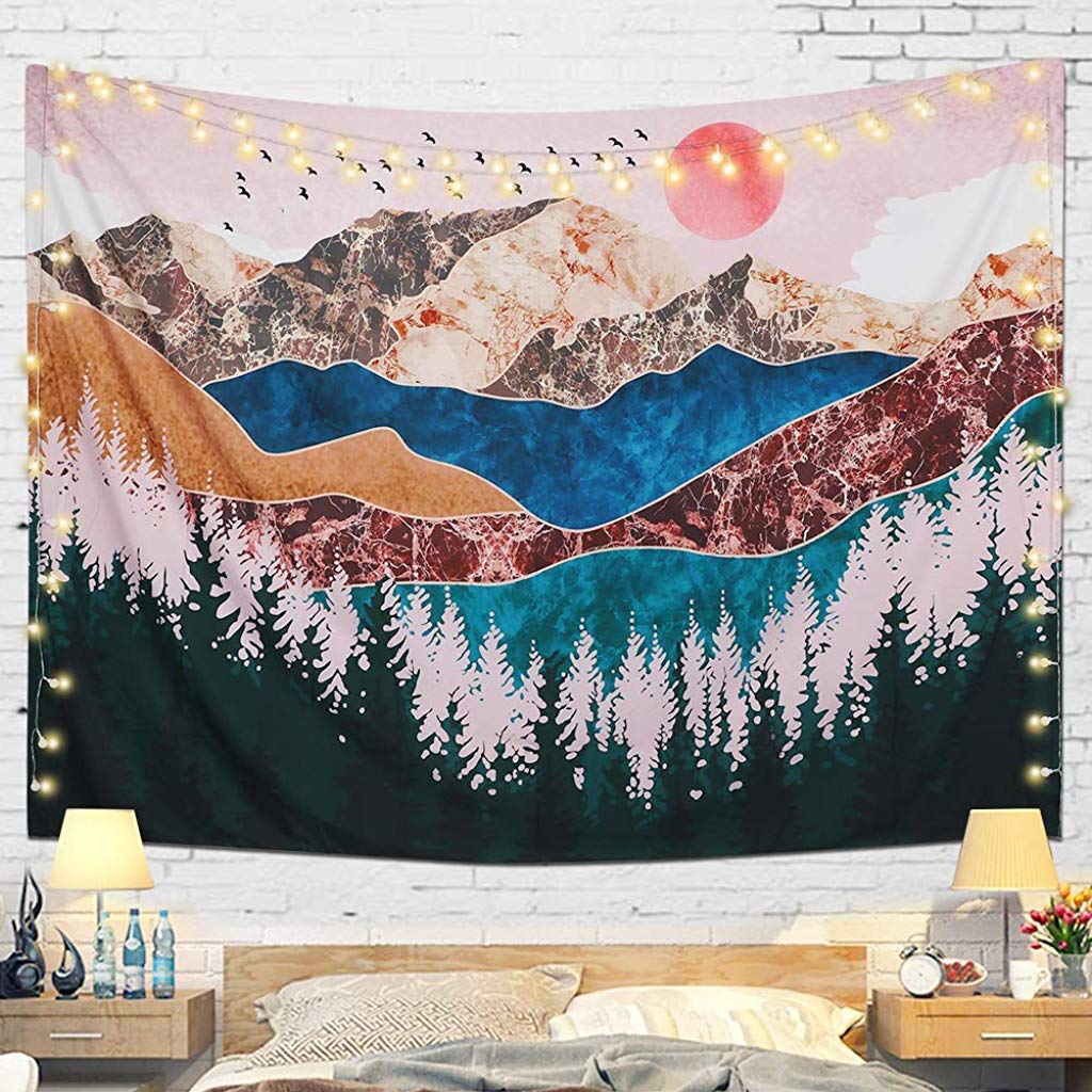 HASTHIP® Sunset Forest Tree Mountain Tapestry Wall Hanging Psychedelic Nature Landscape Art Bed Cover for Bedroom 51X59inches 2 PCS