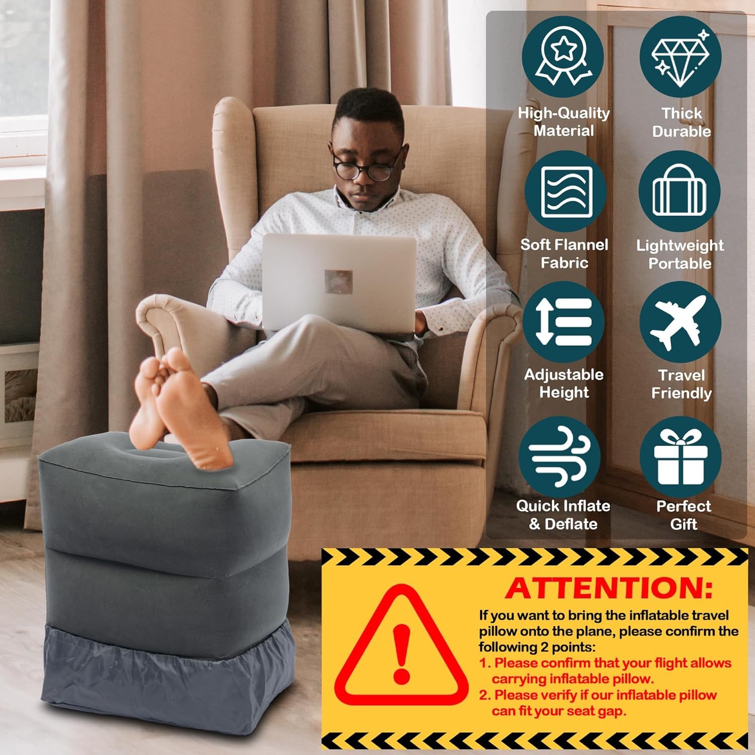 HANNEA Inflatable Travel Foot Rest Pillow for Flight and Office with Double Cap Valve | Eco PVC Flocking, 18.5×13.5×20.5 in