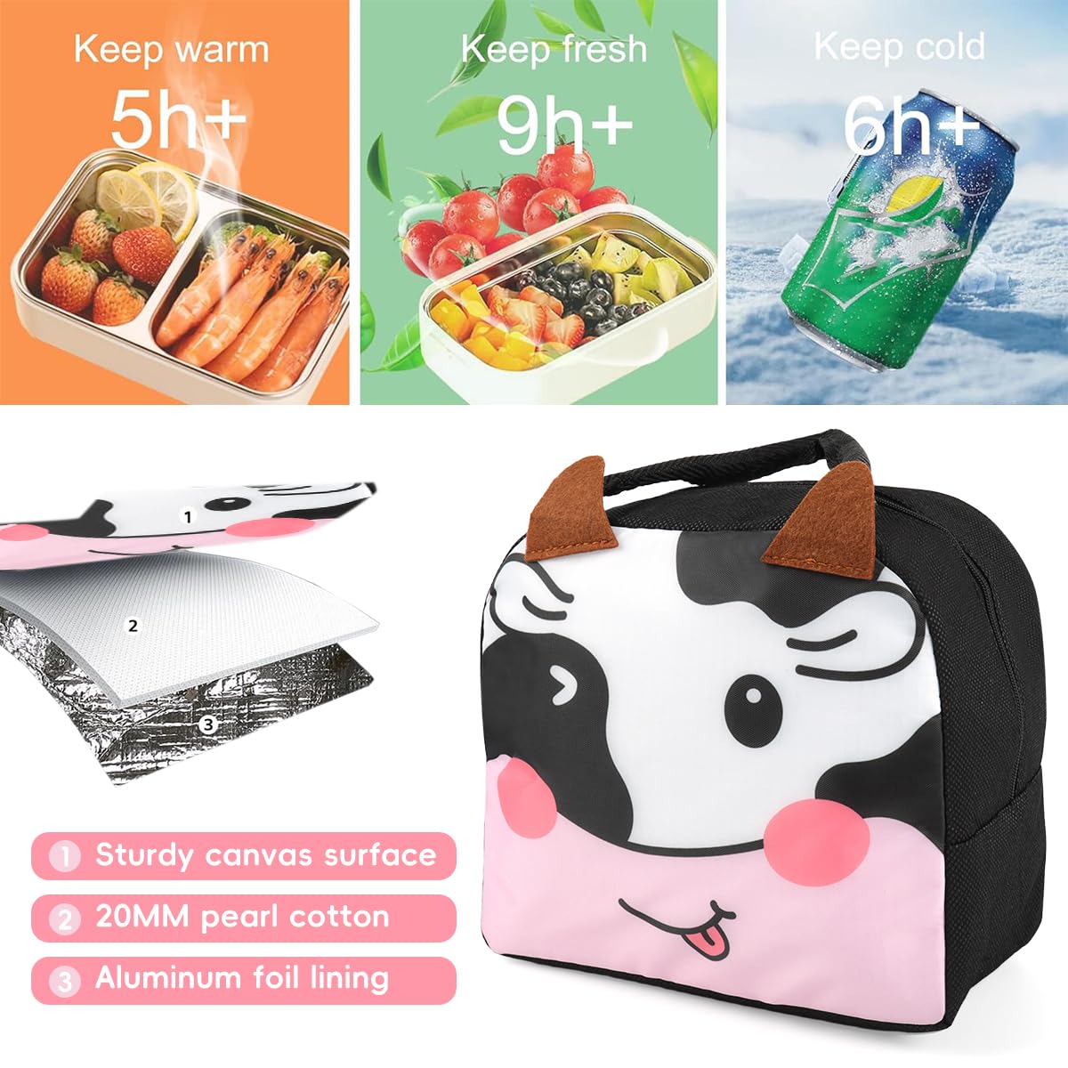 HASTHIP Lunch Bag for School and Picnic with Insulated Liner 21x12x18cm | Cartoon Fabric Design