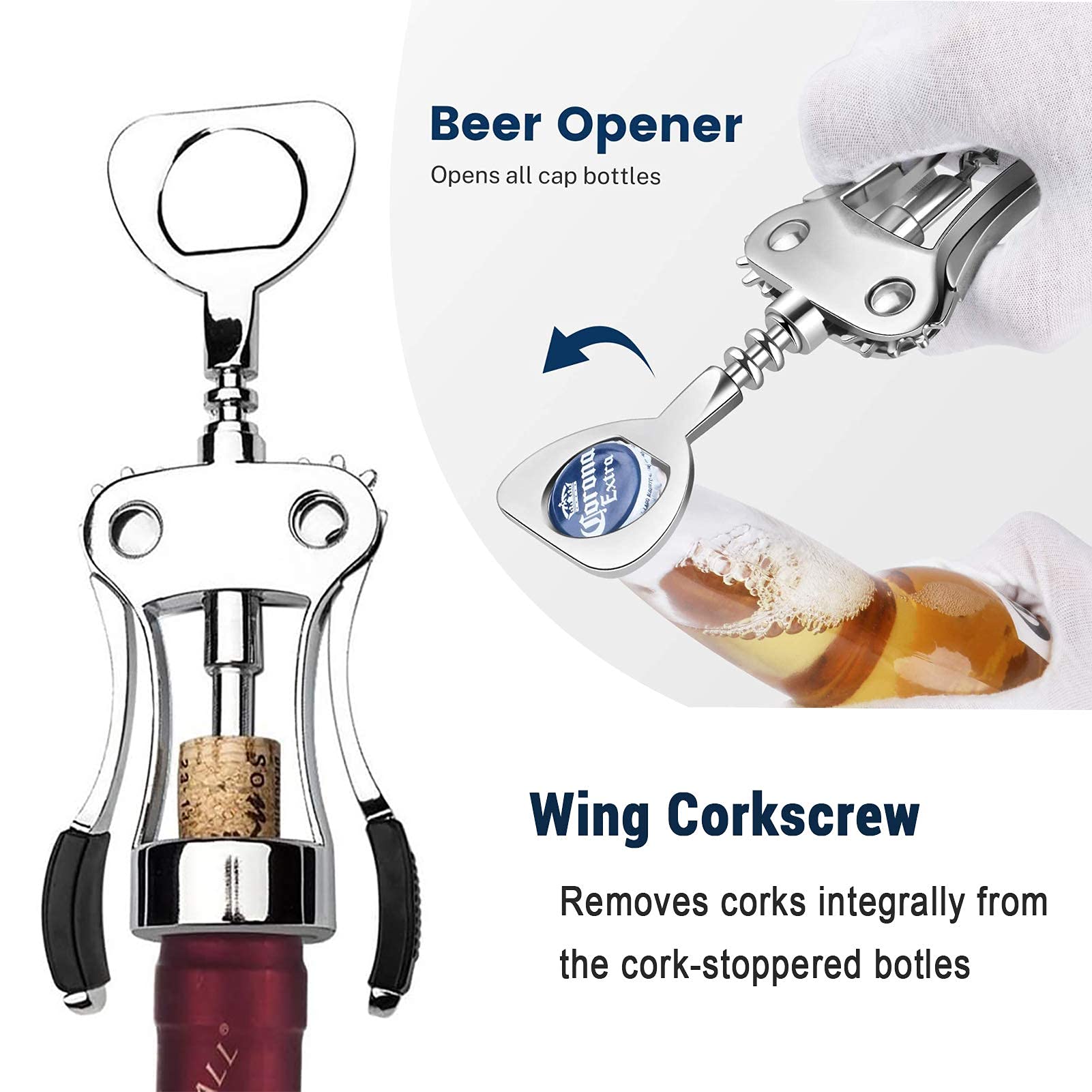 HASTHIP® 3PCS Upgrade Multifunctional Wing Corkscrew Beer Bottle Opener Gift Set with Bottles Stopper and Foil Cutter Waiters Cork Remover for Kitchen,Restaurant,Chateau Bars