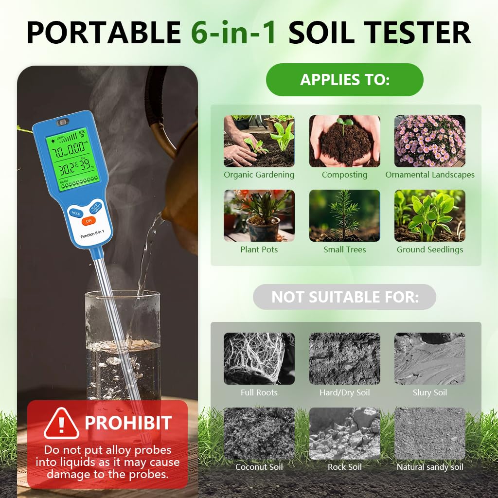 Serplex Soil Tester for Gardening with 6-in-1 pH Moisture and Light Sensors | Rotating LCD Display