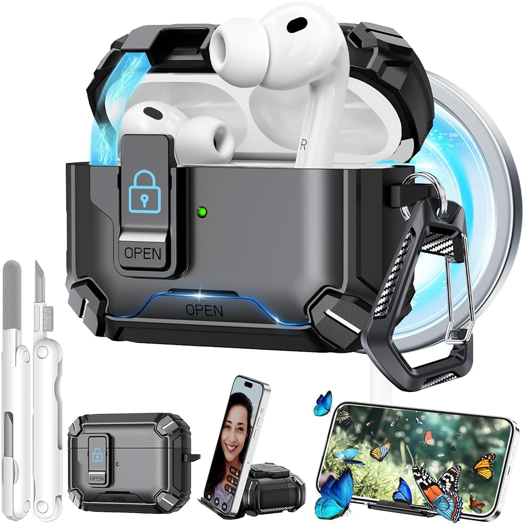 ZORBES® for Airpods Pro 3 Case (2025), with Safety Lock & Phone Stand for AirPods Pro 3rd Generation Case Cover with Keychain, Shockproof & Anti-Scratch, Auto-Open