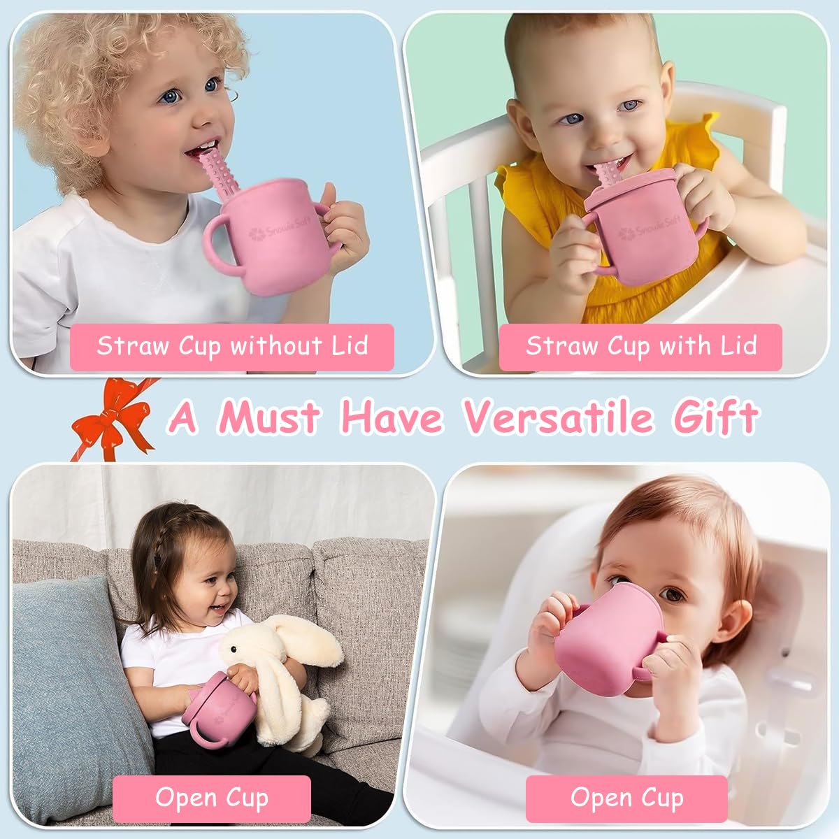 SNOWIE SOFT Silicone Sippy Cup for 6–12 Months with Teether Straw and Draining Lid | Pink