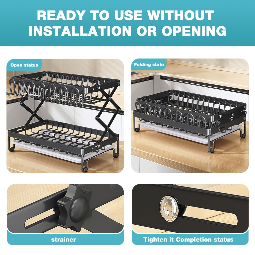 HASTHIP Kitchen Dish Rack with Double Layer Drain System and Utensil Storage | 40x28x31.5cm Carbon Steel