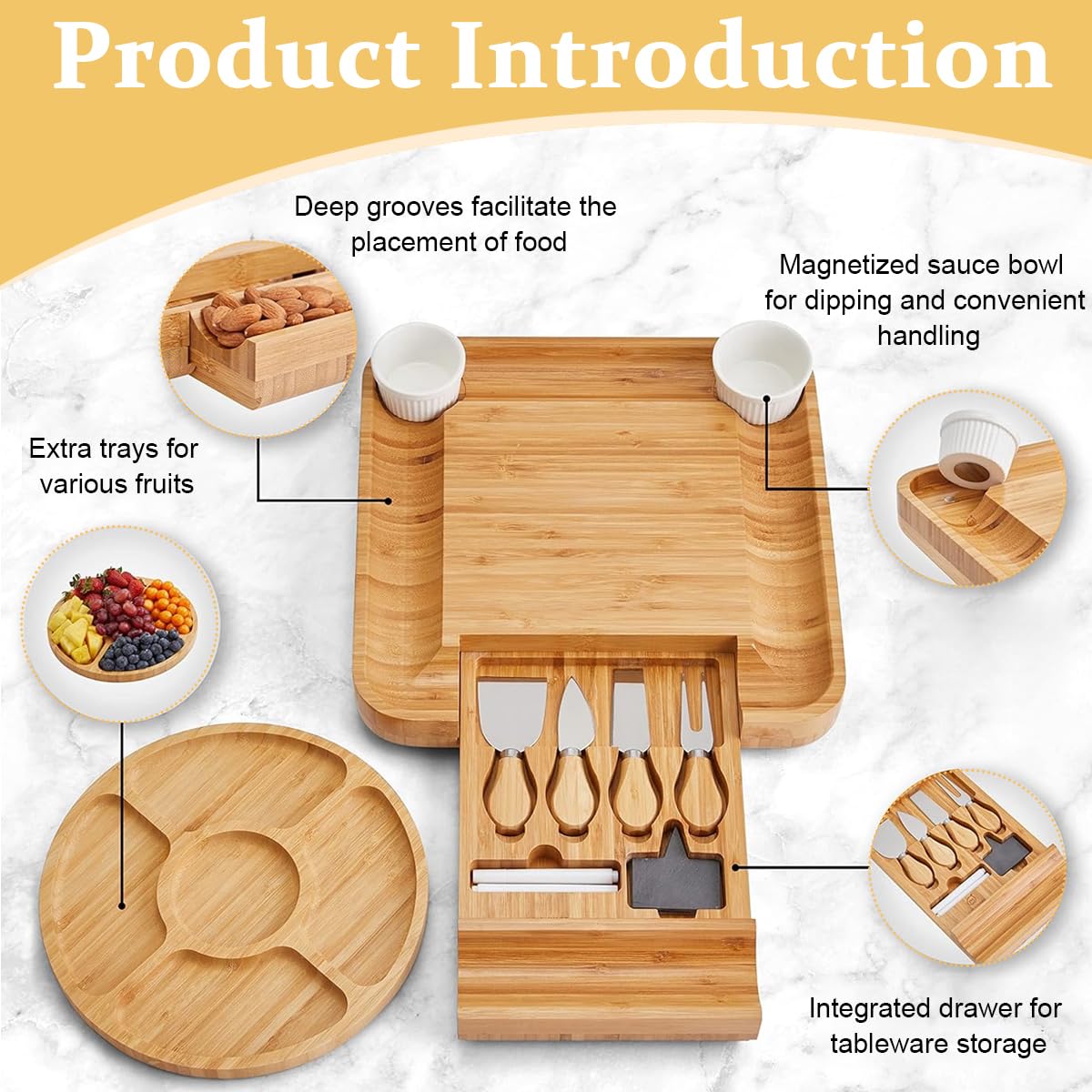 Supvox Bamboo Charcuterie Board Set for Parties with Knife Kit and Ceramic Bowls | 33cm Square Eco Serving Tray