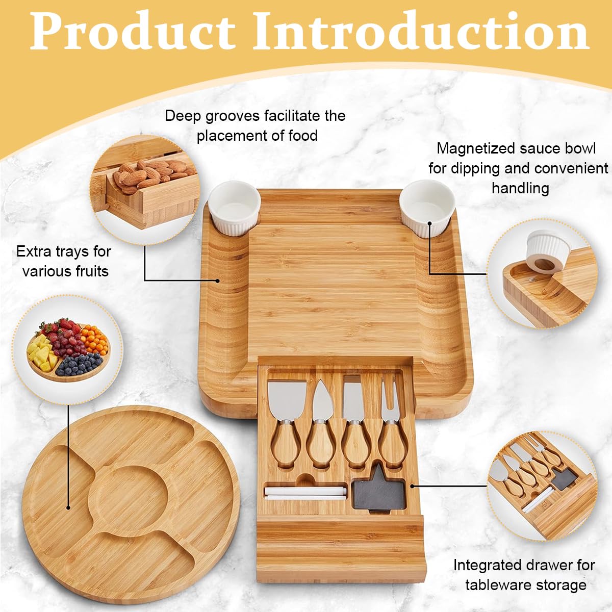 Supvox® Bamboo Charcuterie Board Set With Knife Kit & Ceramic Bowls - 33cm Square Cheese & Meat Platter - Ideal For Elegant Social Gatherings & Special Occasions - Eco-Friendly Serving Tray