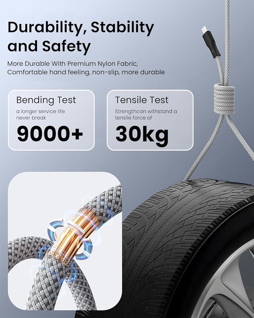 Verilux® Magnetic Type C to Type C Cable, 3.3Ft PD 100W Coiled USB C to Type C Fast Charging Cable, Support 480Mbps Data Sync Nylon Braided for iPhone 15 Pro Max, Galaxy s24/s23, MacBook, iPad