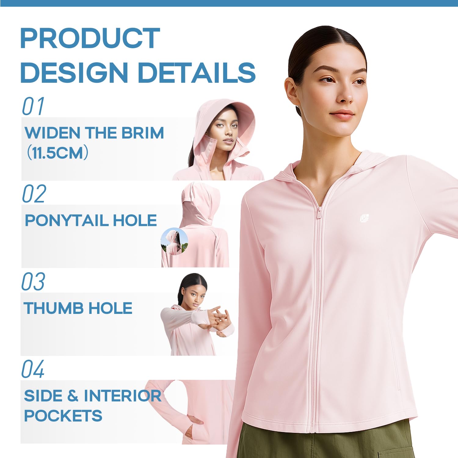 Venzina Women's UPF 50+ Lightweight Athletic Jacket for Outdoor Hiking featuring Cooling Quick-Dry Fabric and Ponytail Hood | Pink S