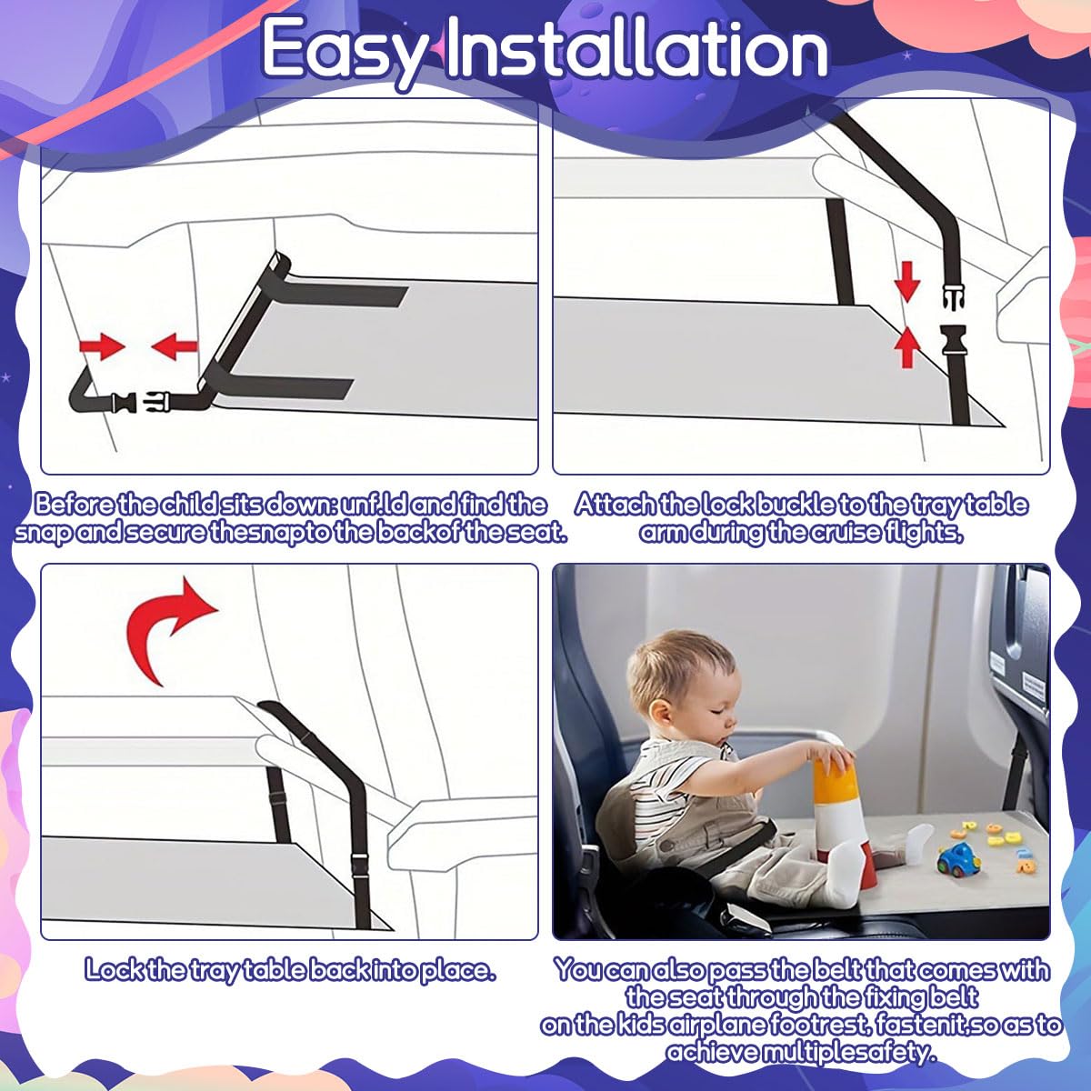 HASTHIP Portable Airplane Bed for Kids with Adjustable Strap Support 78×43cm Blue Universe | Travel Seat Extender for Toddlers