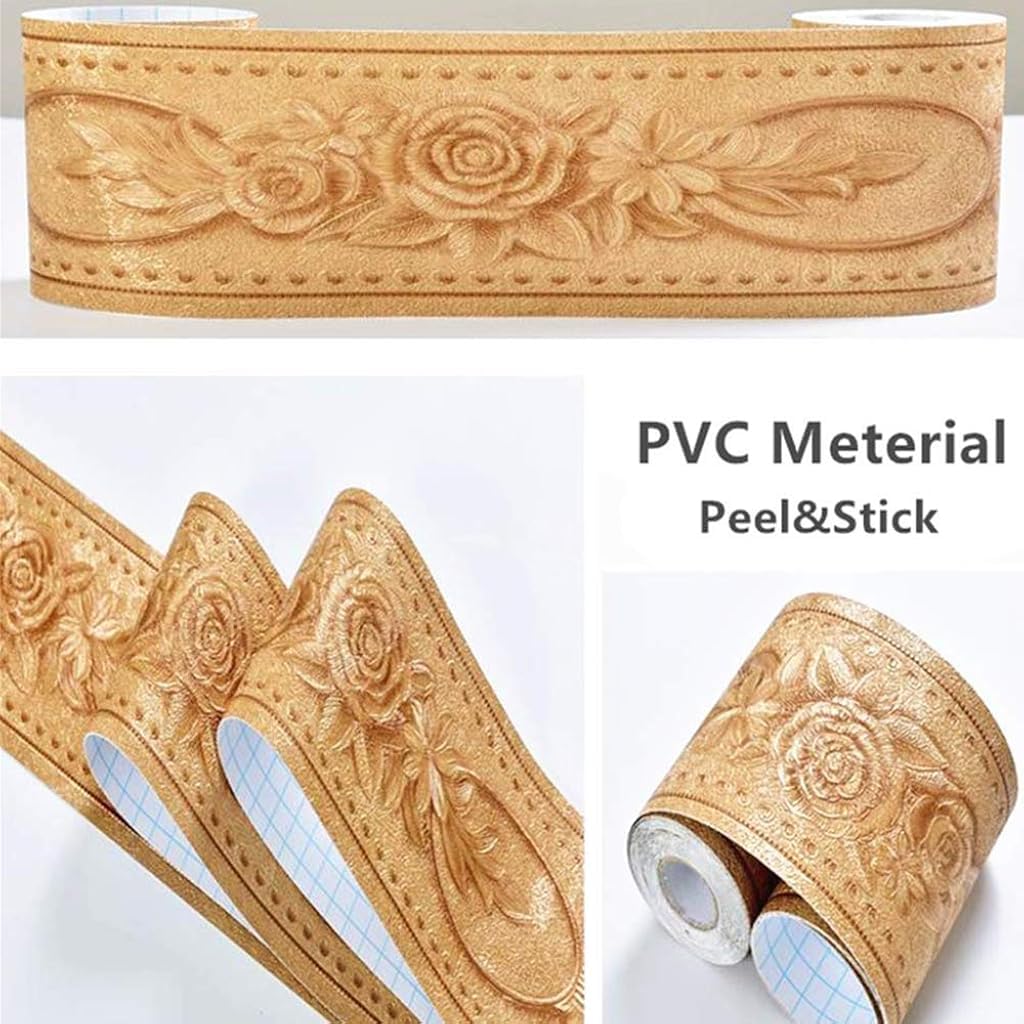 HASTHIP® 2 Pcs 4 Inch x 16.4 Ft Gold Floral Peel & Stick Wall Border, Waterproof PVC, Self-Adhesive, Removable & Durable, Easy Cut, Damp-Proof Wallpaper Trim for Bathroom, Kitchen, Living Room