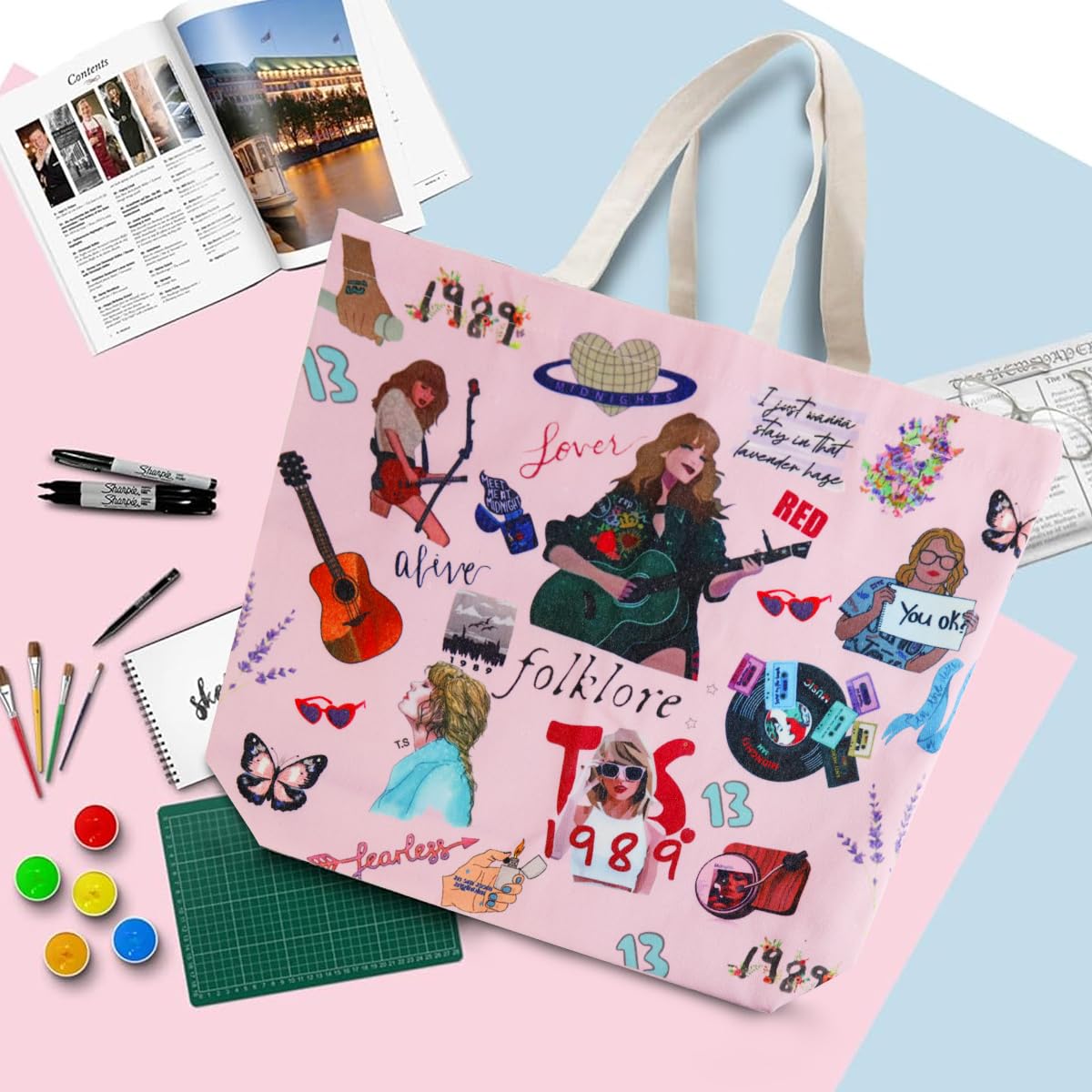 Zibuyu Girls Canvas Tote Bag for College Use with Secure Zipper Pocket 45x35x10 cm | Pink Cartoon Print