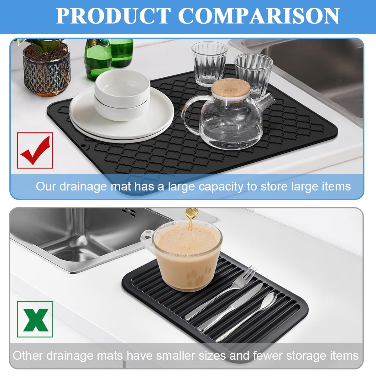Supvox Kitchen Silicone Drying Mat for Countertop 16x24 in featuring Diamond Drain Pattern | Heat Resistant Non Slip Design