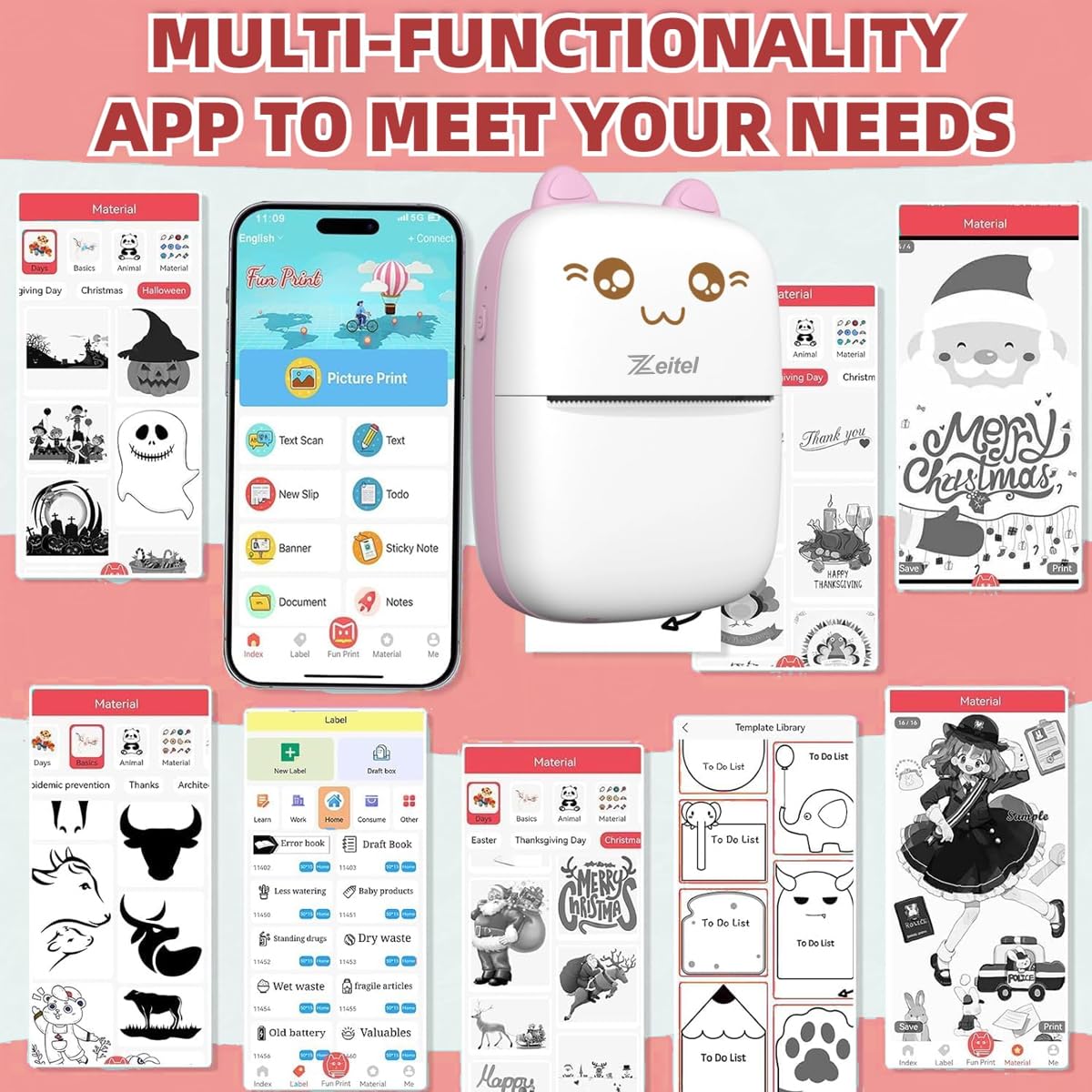 Zeitel Mini Bluetooth Thermal Printer for Android and iOS with 13 Roll Paper | 200DPI Inkfree Portable Label Printer