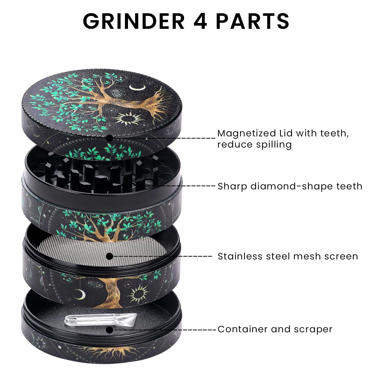 Supvox Herb Storage Grinder for Spices with Precision Teeth and 4 Layer Zinc Alloy Design