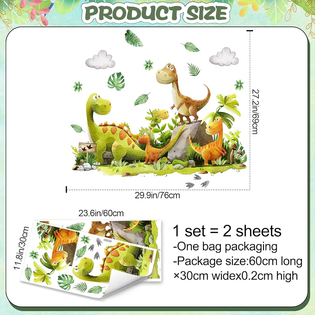 SNOWIE SOFT® 2 Sheet Cartoon Wall Stickers for Kids Room Nursery Room Bedroom Self-adhesive Cartoon Dinosaur Charming Stickers PVC Wateproof Wall Decorative Stickers, 30x60cm