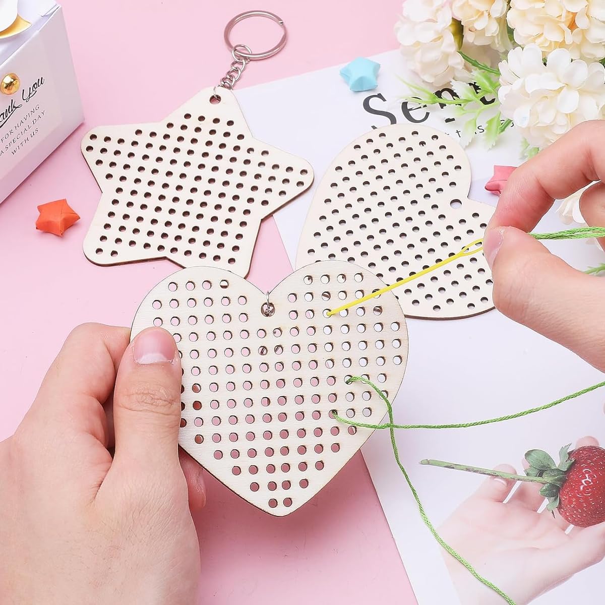 HASTHIP Cross Stitch Keychain Kit for DIY Crafts with 8 Wooden Blanks and 6-Color Yarn