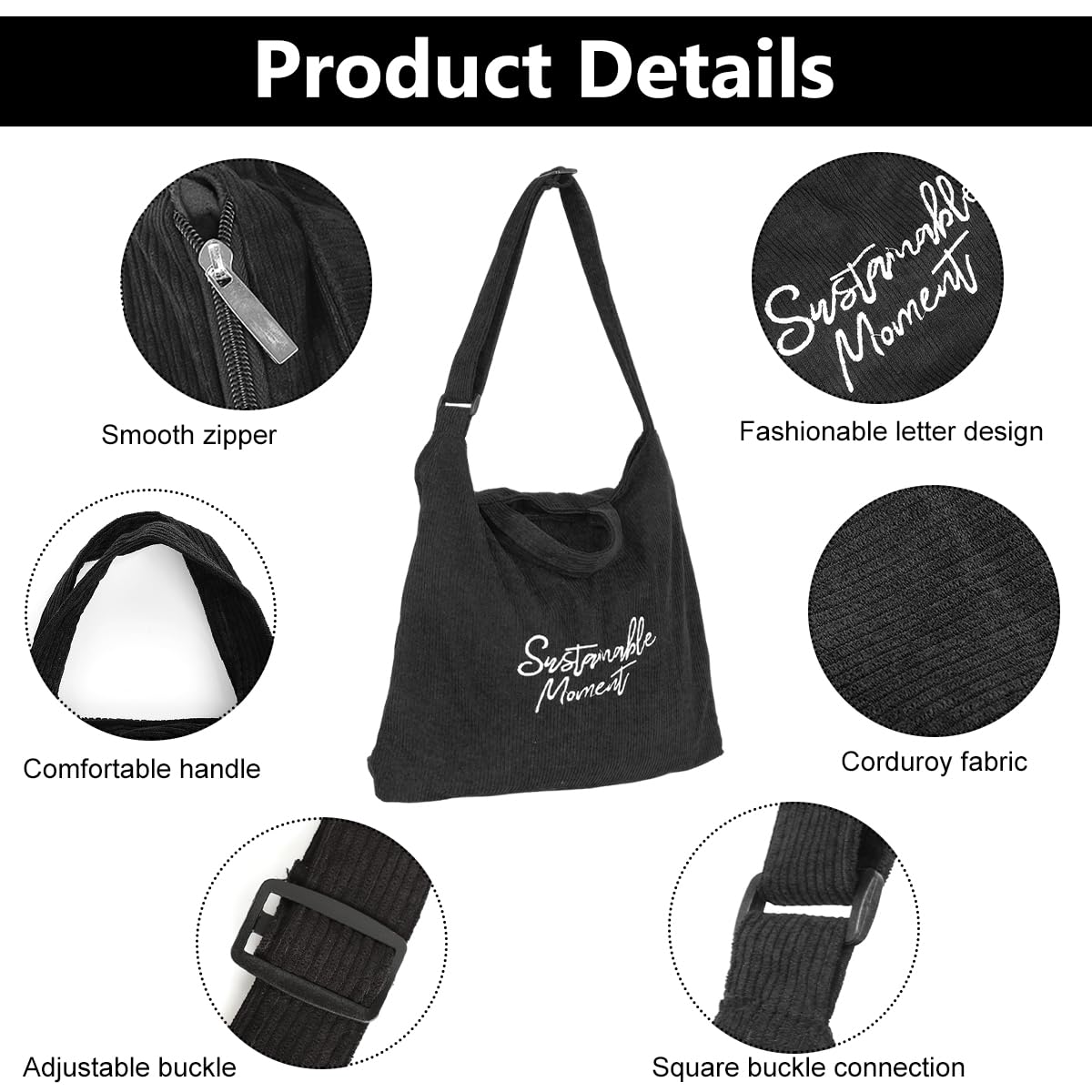 PALAY Tote Bag for Woman with Detachable Crossbody Strap 39x4x37 cm Corduroy | Black