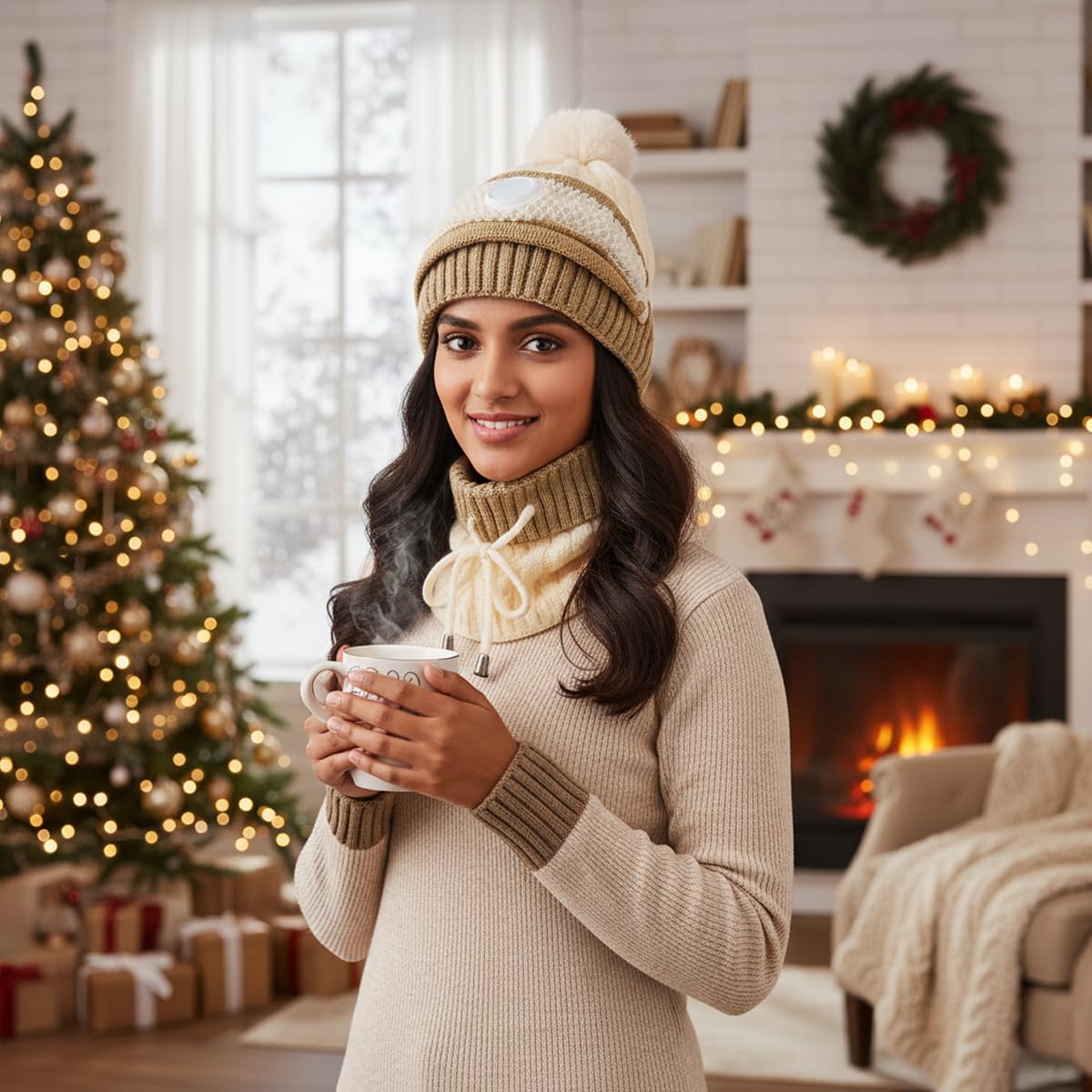 SANNIDHI Winter Cap for Women with Detachable Face Mask and Adjustable Neck Gaiter | Beige