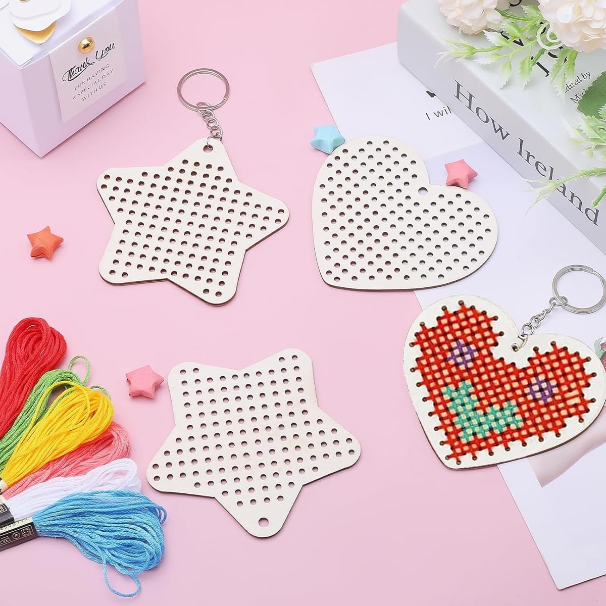 HASTHIP Cross Stitch Keychain Kit for DIY Crafts with 8 Wooden Blanks and 6-Color Yarn