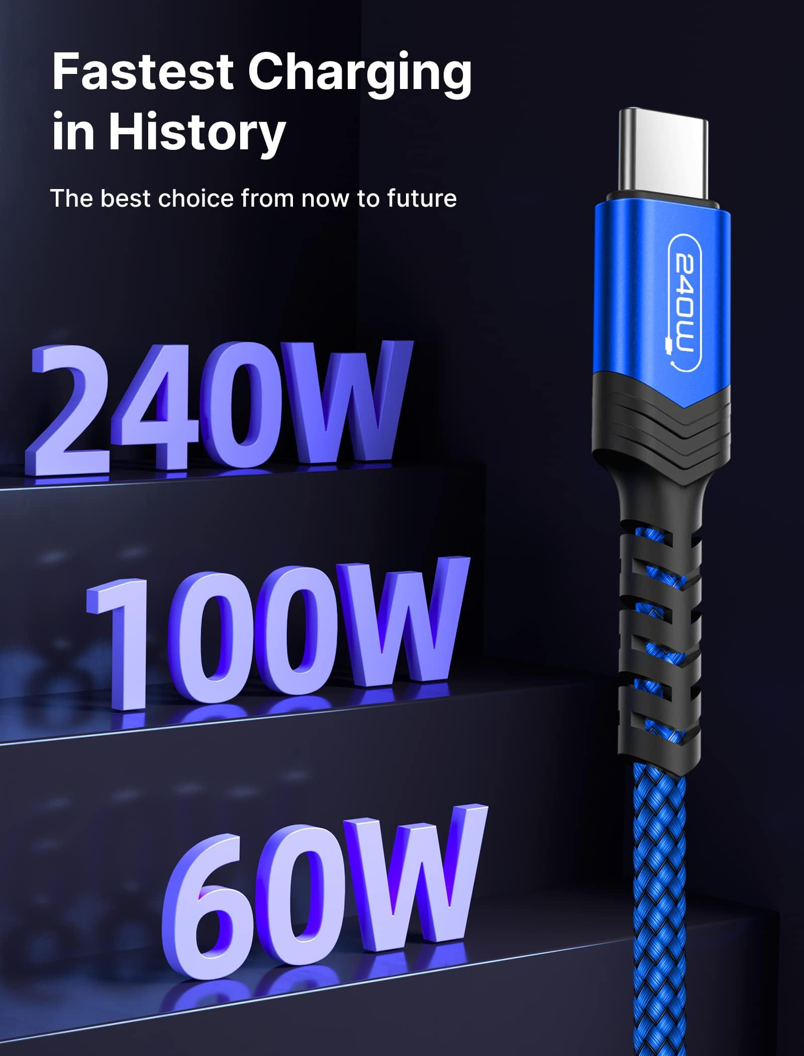 JSAUX USB to Type C Cable for Fast Charging with 100W Output and Nylon Braided Design | 10FT 2-Pack