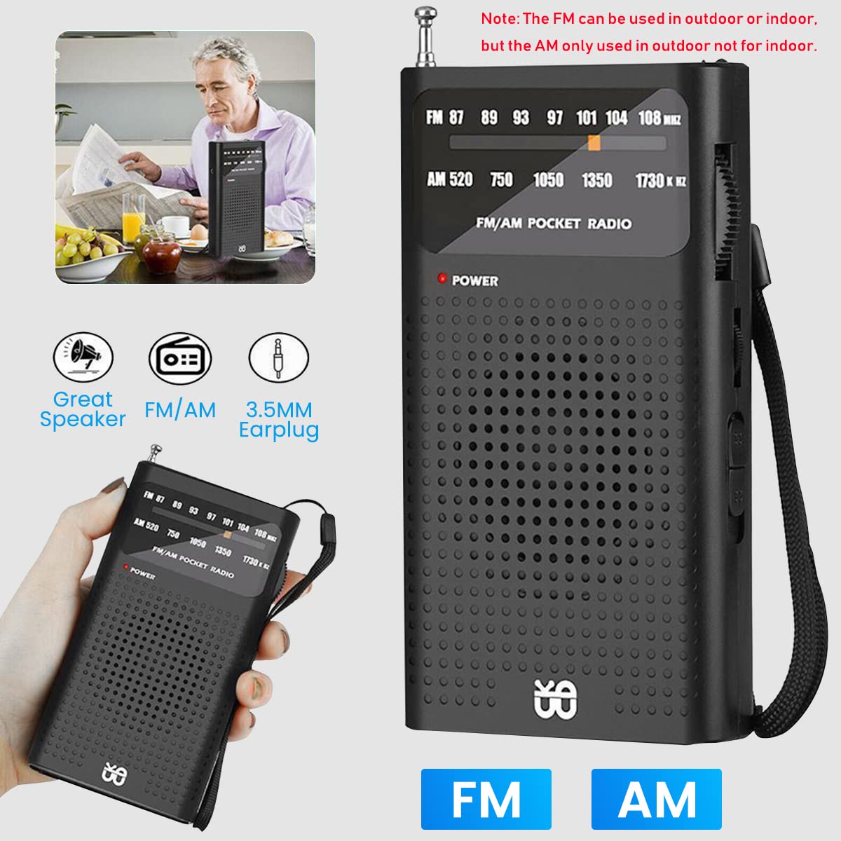 HASTHIP Portable HiFi AM/FM Radio Pocket Radio Player Operated Portable Radio with Speaker, 3.5mm Headphone Jack, 2AA Battery Powered Radio Operated with Long Range Reception for Indoor Outdoor Emergency Use