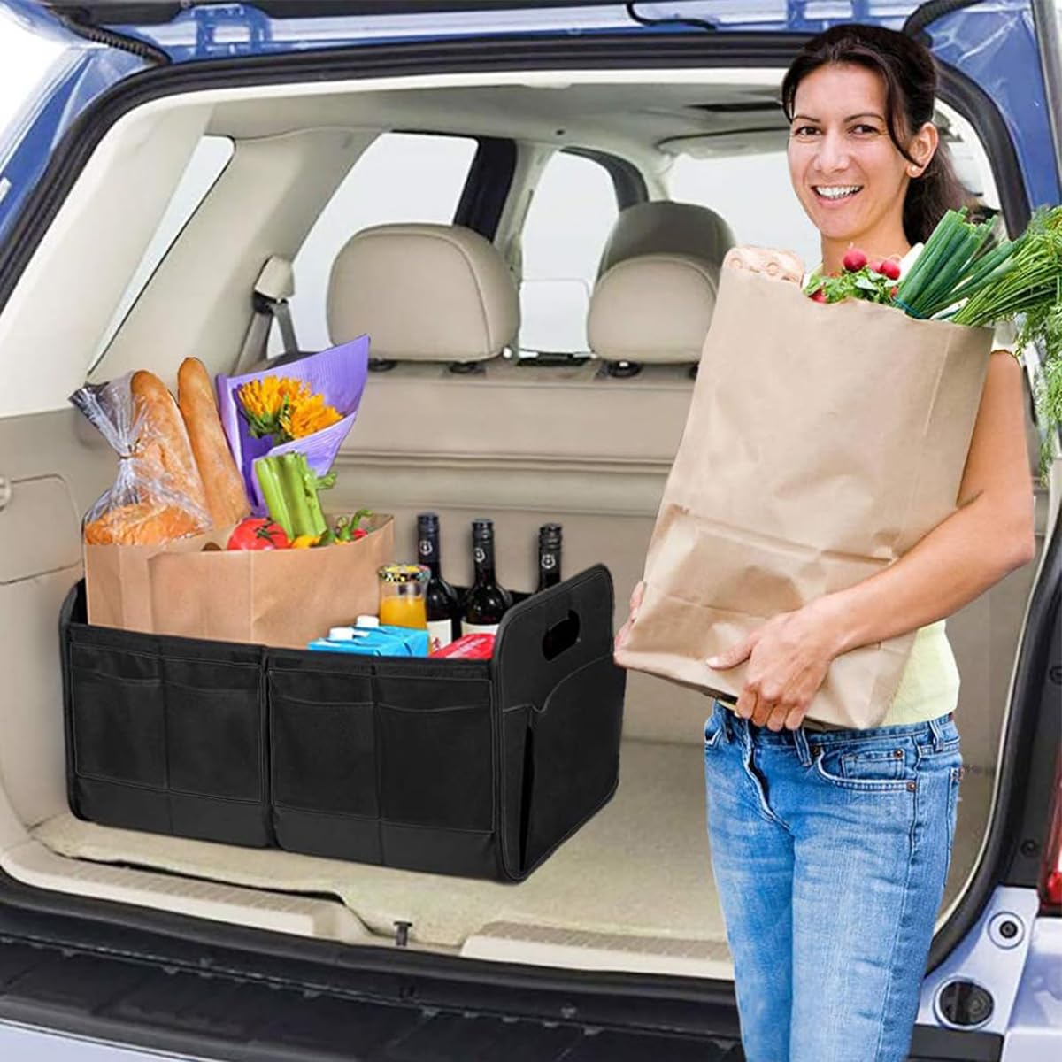 STHIRA Car Boot Organizer for Car and Home Use with Dual Handles and 56x40x26cm Compartments | Foldable 600D Oxford Storage Box