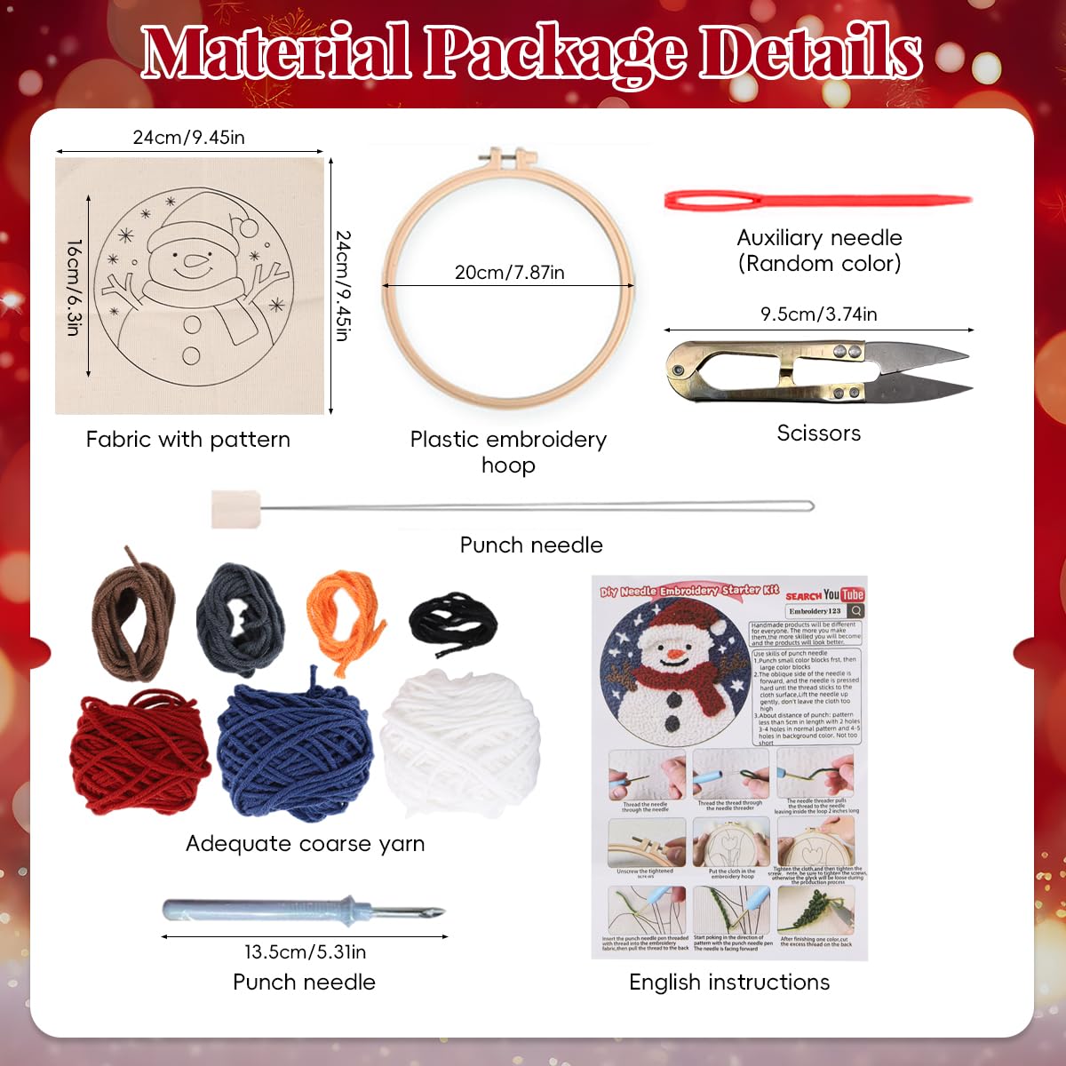 HASTHIP Embroidery Kit for Beginners with 7.8 in Hoop and Yarn for Kids and Adults | DIY Snowman Holiday Craft
