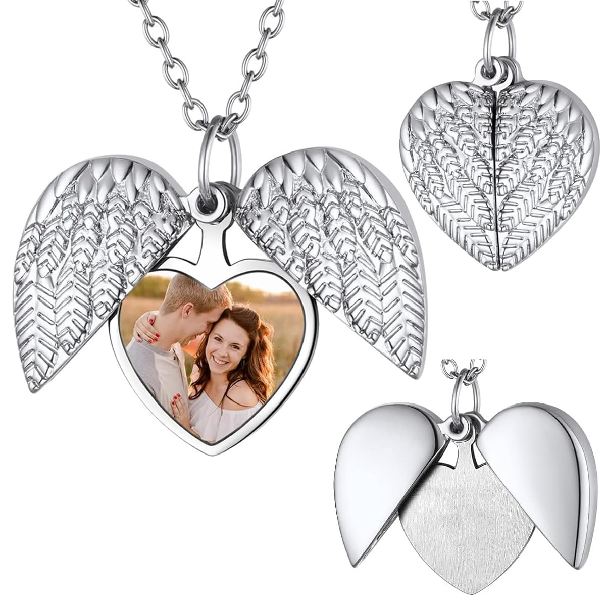 SANNIDHI Heart-shaped Locket Necklace for Women Men, Angle's Wing Engraved Necklace, Vintage Personalized Photo Lockets for Loved Ones/Friends/Families Gifts