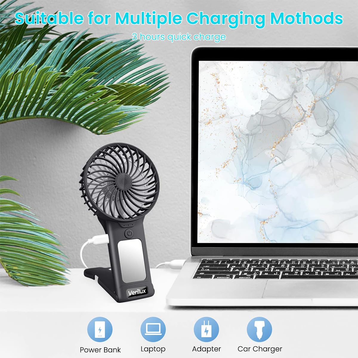 Verilux Hand Fan for Women with Hidden Makeup Mirror and 4 Speed Brushless Motor | 20Hr Rechargeable Portable Fan