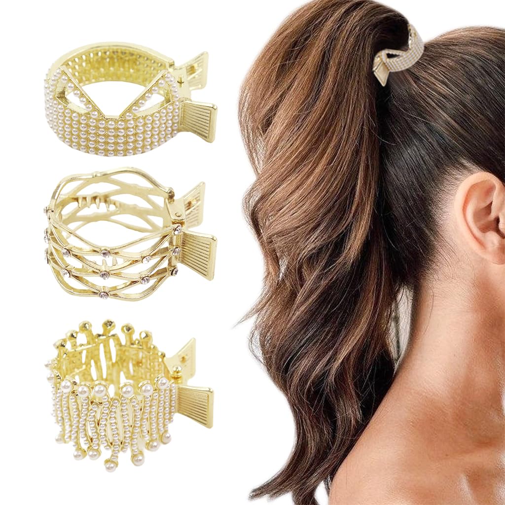 PALAY® 3pcs Ponytail Holder Hair Claw Clips for Women, Metal Ponytail Hair Clip, Rhinestone Claw Clips Aesthetic 1.77Inch Small Hair Clips for High Ponytail Thick Long Hair (Gold)