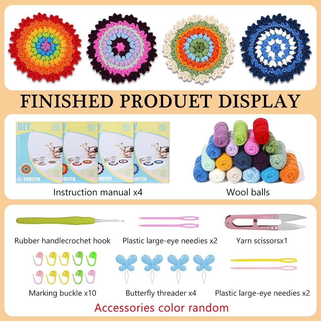 PATPAT DIY Crochet Kit for 4 Floral Coasters with Ergonomic Hook and Tutorial Guide | Beginner Gift Set