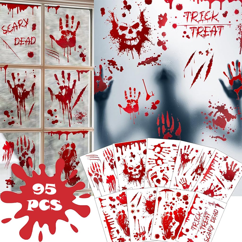 HASTHIP Halloween Horror Decals for Haunted House with 9 Sheets 95 Pcs PVC Stickers | Scary Red Handprint and Footprint Decor