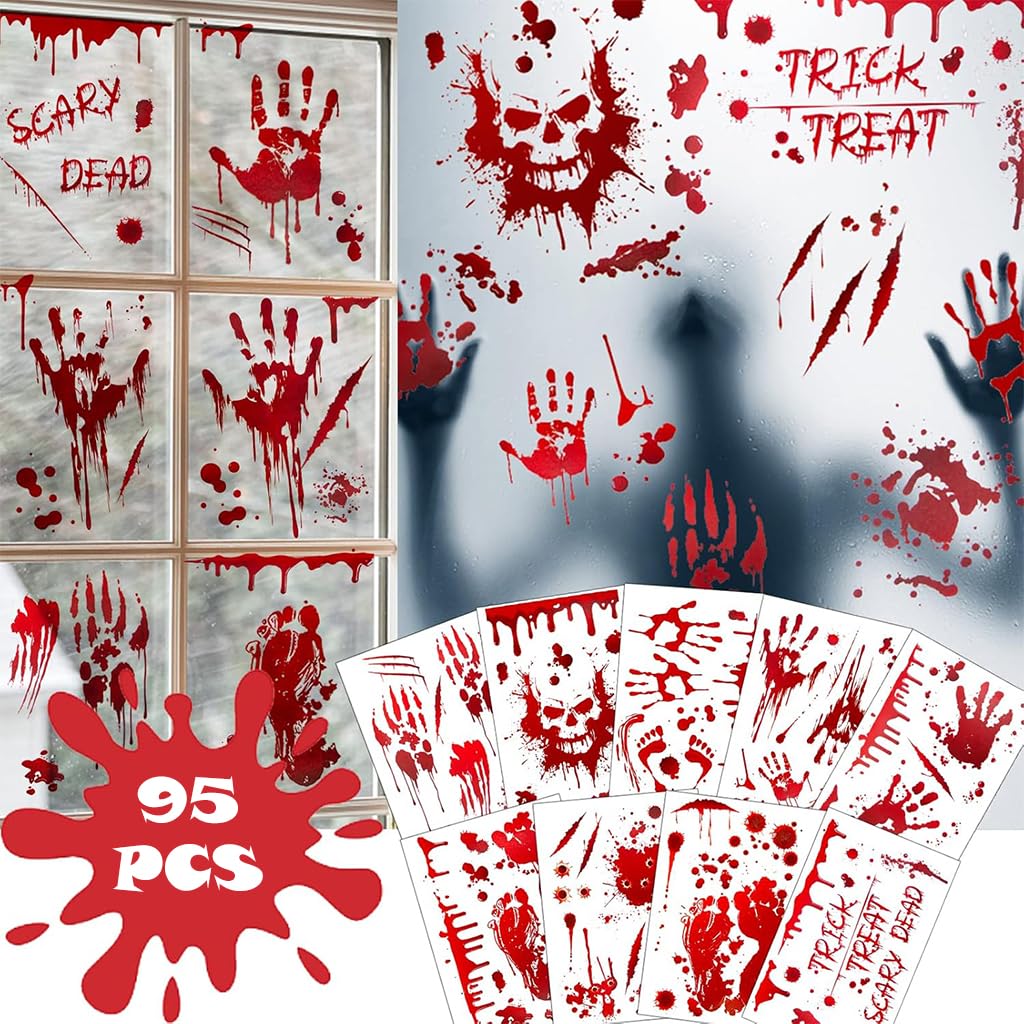 HASTHIP® 9 Sheet Halloween Horror Decals 95Pcs Red Bloody Horror Stickers Halloween Scary Haunted House Handprint Footprint Wall Decal Floor Stickers Window Stickers for Theme Party Halloween Decor